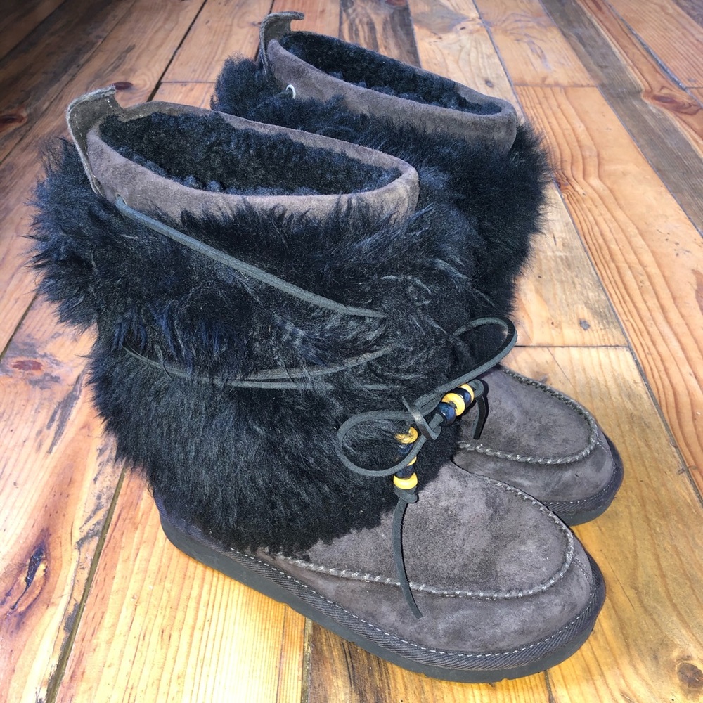 UGG Fur Boots Beaded Laces Leather Sheep Sherpa